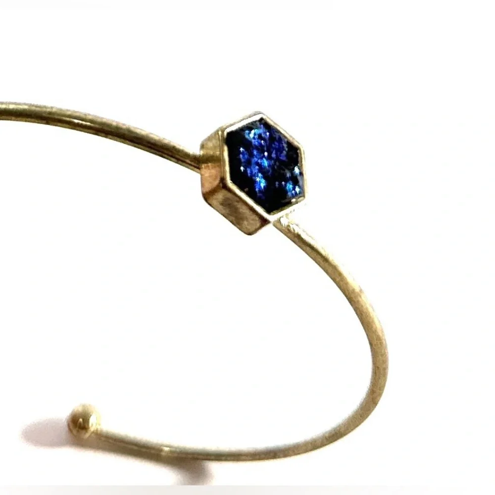 Brass Tone Bangle Bracelet W/Blue Drusy Quartz Stone Adjustable - Picture 3 of 6